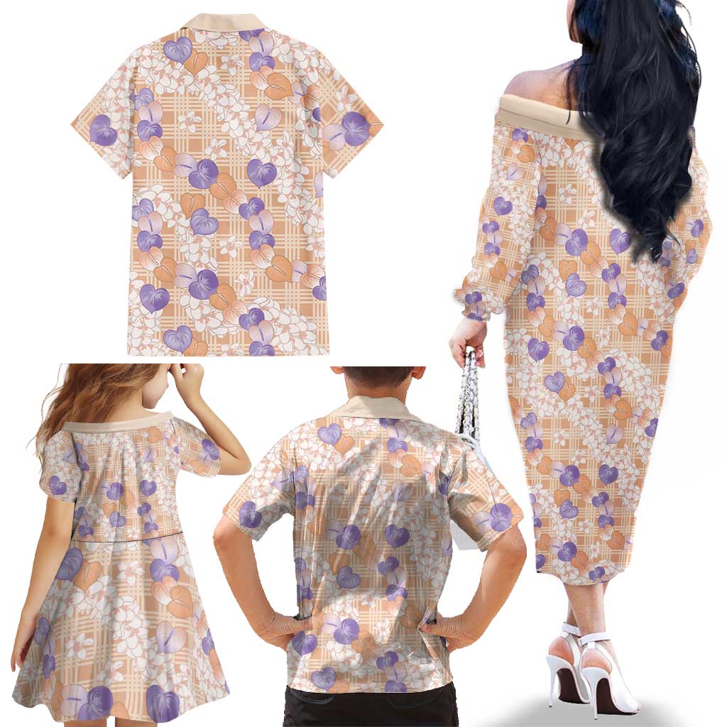 Anthurium Plumeria Lei Pastel Family Matching Off The Shoulder Long Sleeve Dress and Hawaiian Shirt Orange Hawaiian Splendid Palaka LT01 - Polynesian Pride
