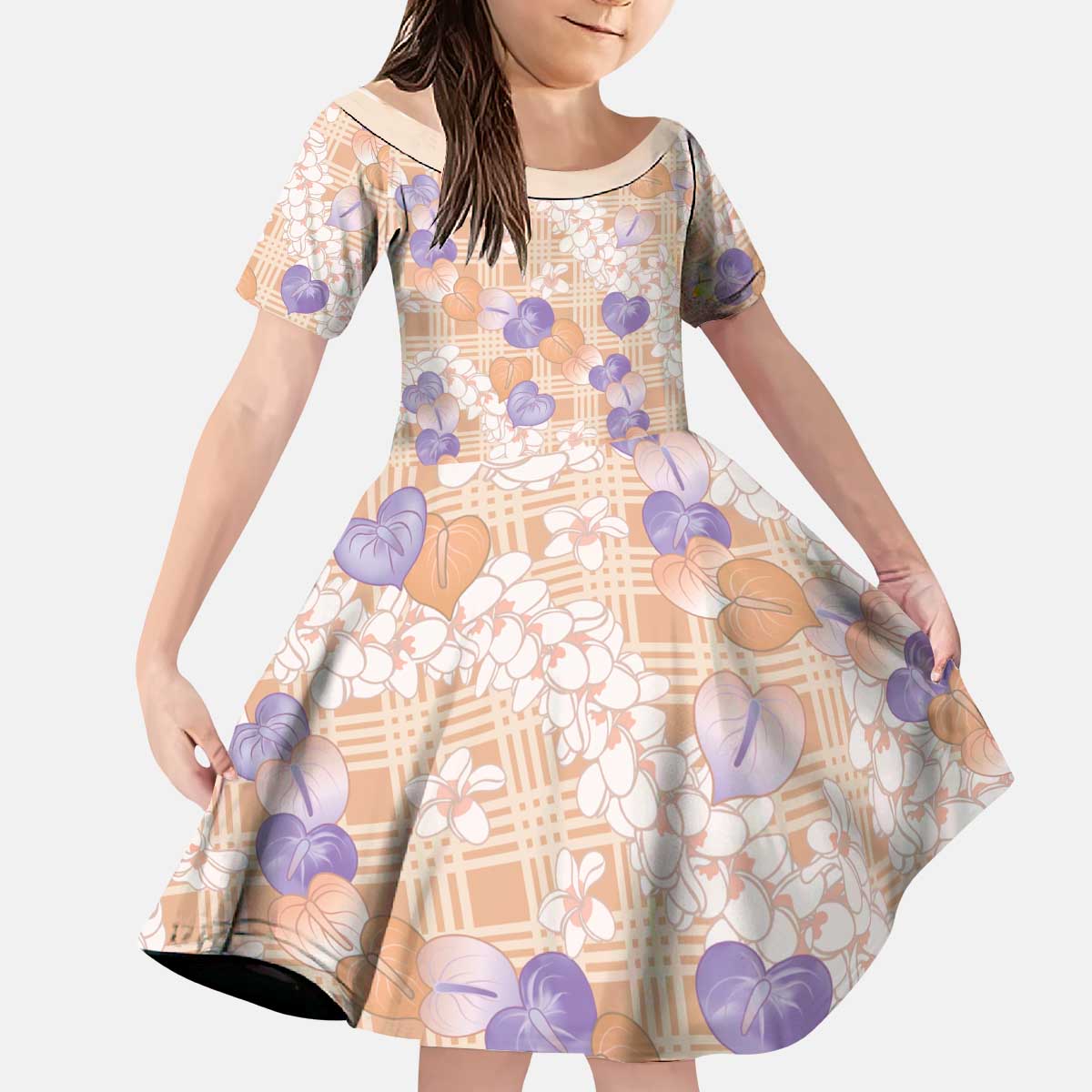 Anthurium Plumeria Lei Pastel Kid Short Sleeve Dress Orange Hawaiian Splendid Palaka