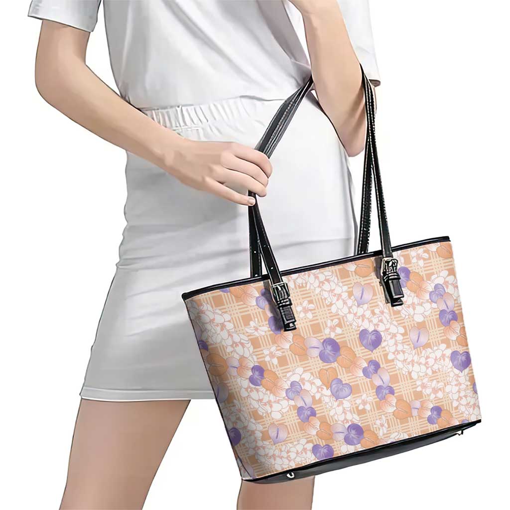 Anthurium Plumeria Lei Pastel Leather Tote Bag Orange Hawaiian Splendid Palaka