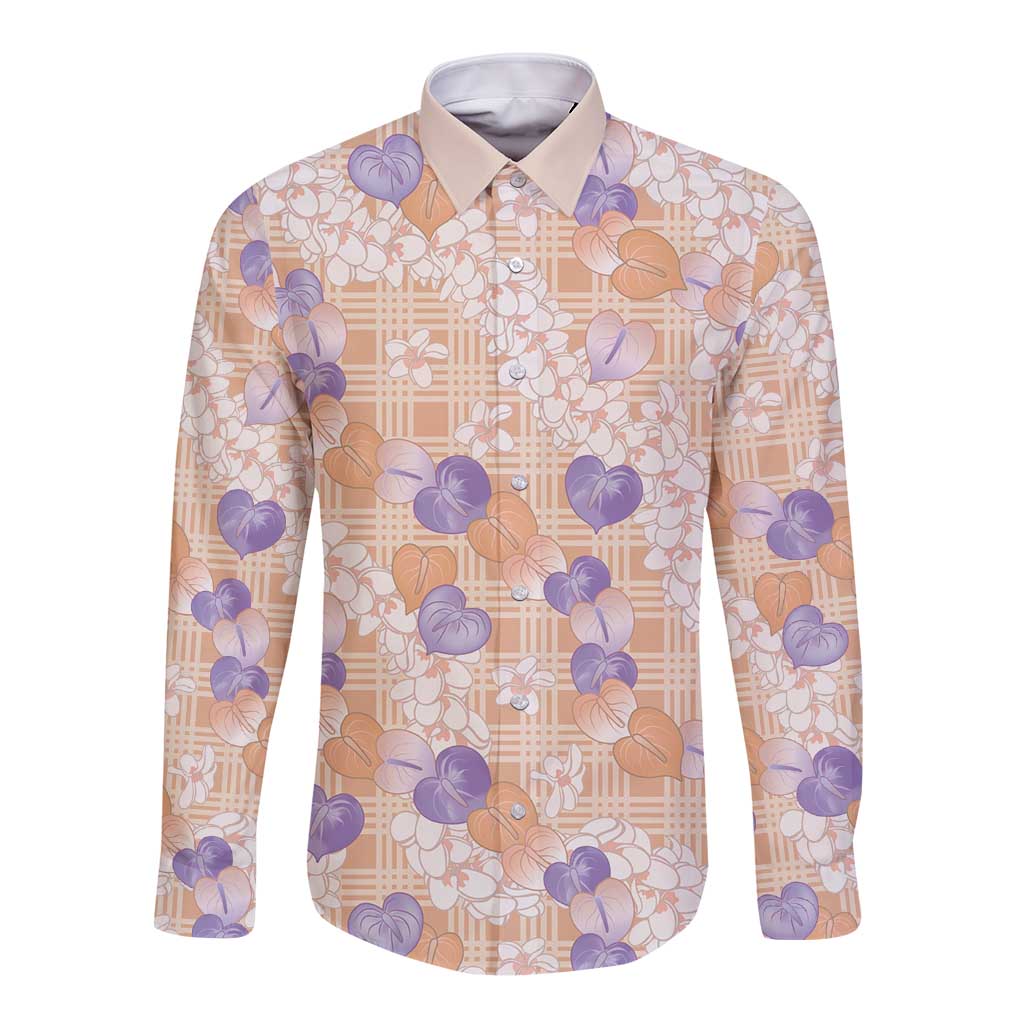 Anthurium Plumeria Lei Pastel Long Sleeve Button Shirt Orange Hawaiian Splendid Palaka