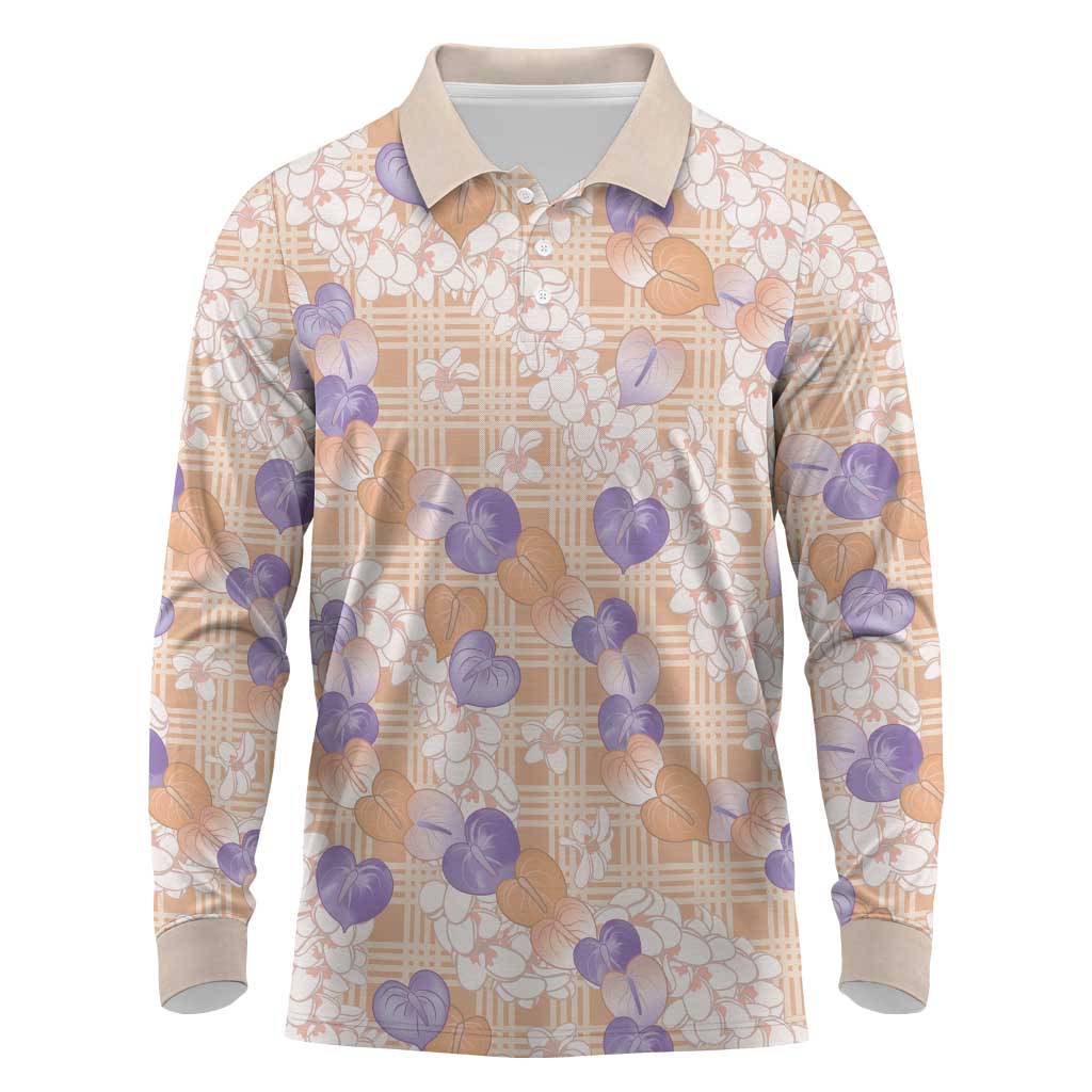 Anthurium Plumeria Lei Pastel Long Sleeve Polo Shirt Orange Hawaiian Splendid Palaka