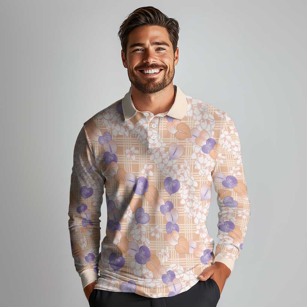 Anthurium Plumeria Lei Pastel Long Sleeve Polo Shirt Orange Hawaiian Splendid Palaka