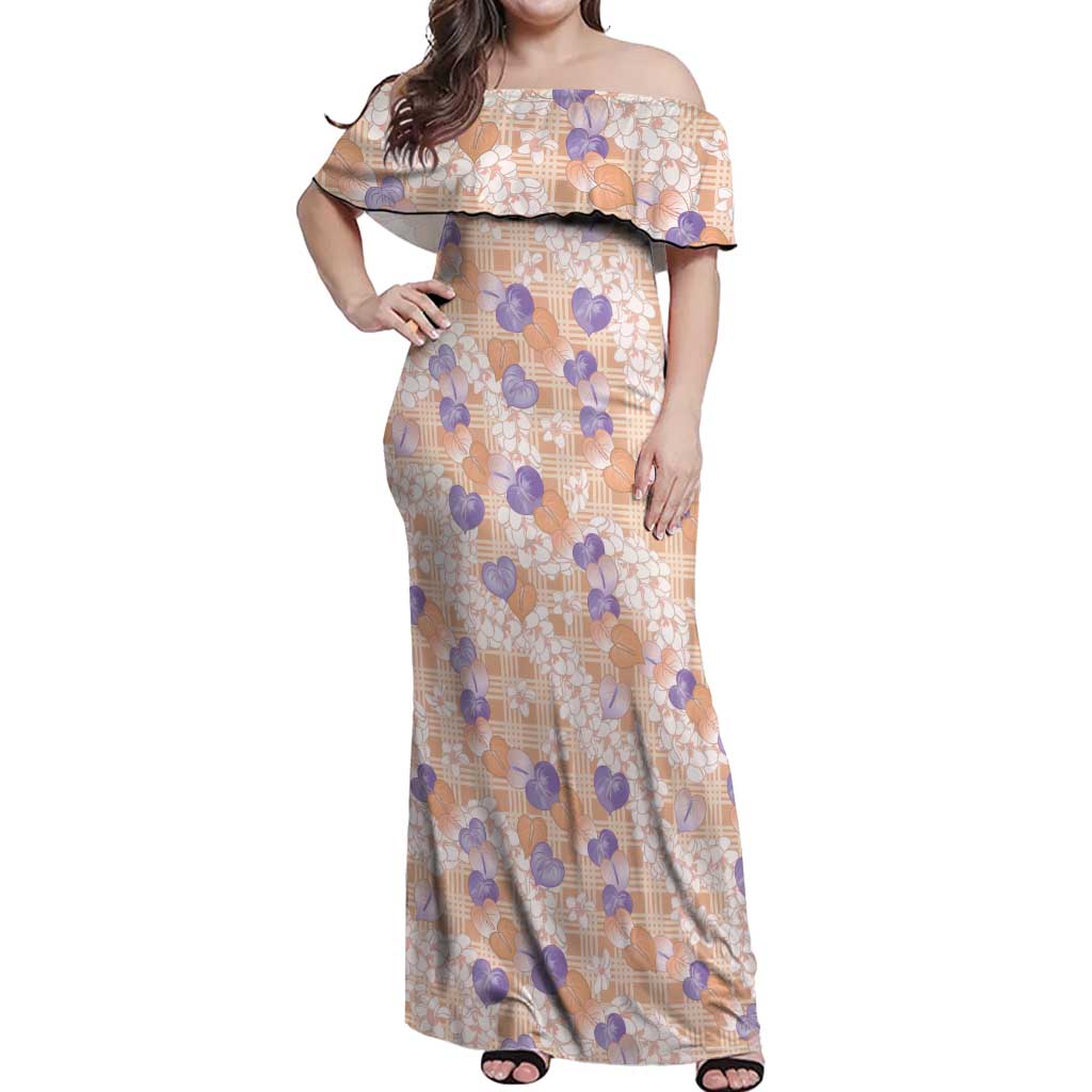 Anthurium Plumeria Lei Pastel Off Shoulder Maxi Dress Orange Hawaiian Splendid Palaka