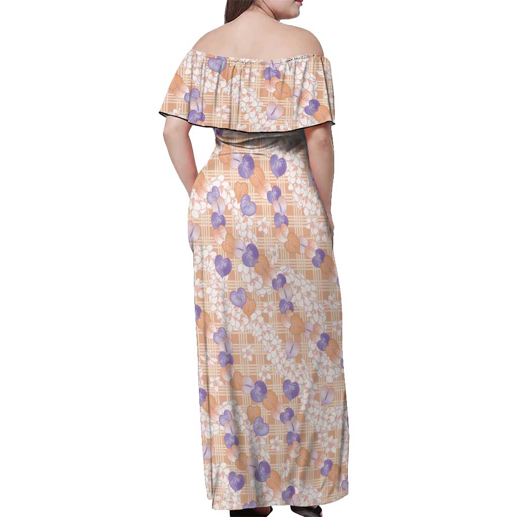 Anthurium Plumeria Lei Pastel Off Shoulder Maxi Dress Orange Hawaiian Splendid Palaka