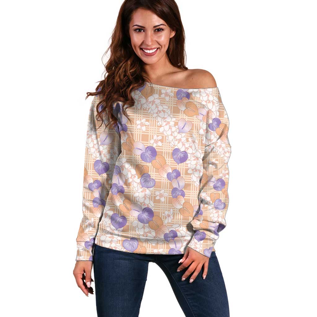 Anthurium Plumeria Lei Pastel Off Shoulder Sweater Orange Hawaiian Splendid Palaka