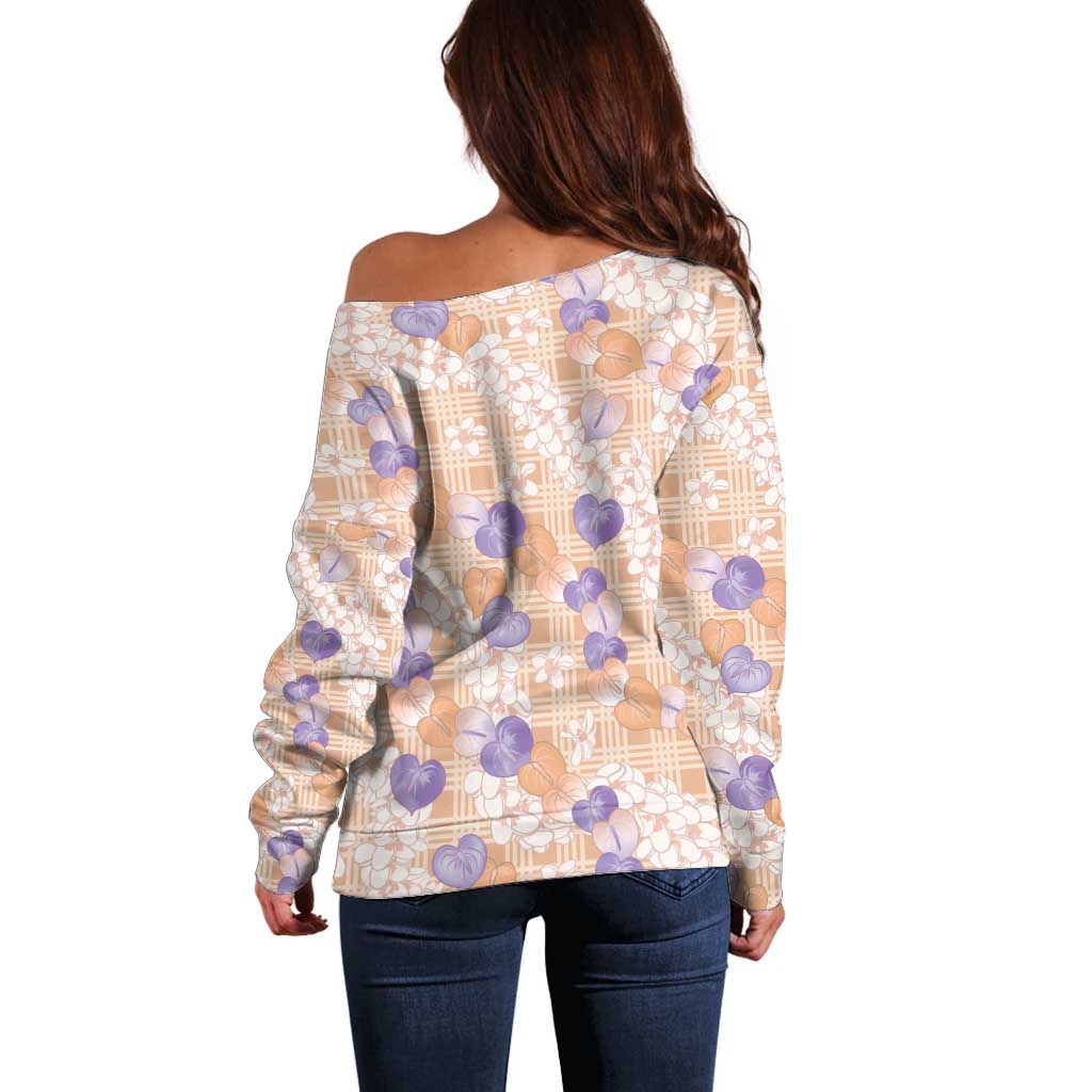 Anthurium Plumeria Lei Pastel Off Shoulder Sweater Orange Hawaiian Splendid Palaka