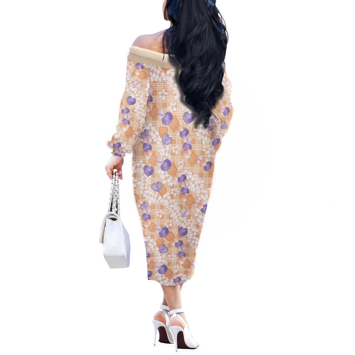 Anthurium Plumeria Lei Pastel Off The Shoulder Long Sleeve Dress Orange Hawaiian Splendid Palaka