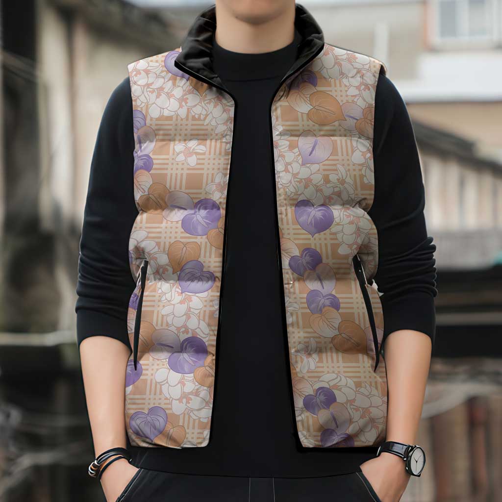 Anthurium Plumeria Lei Pastel Sleeveless Puffer Jacket Orange Hawaiian Splendid Palaka