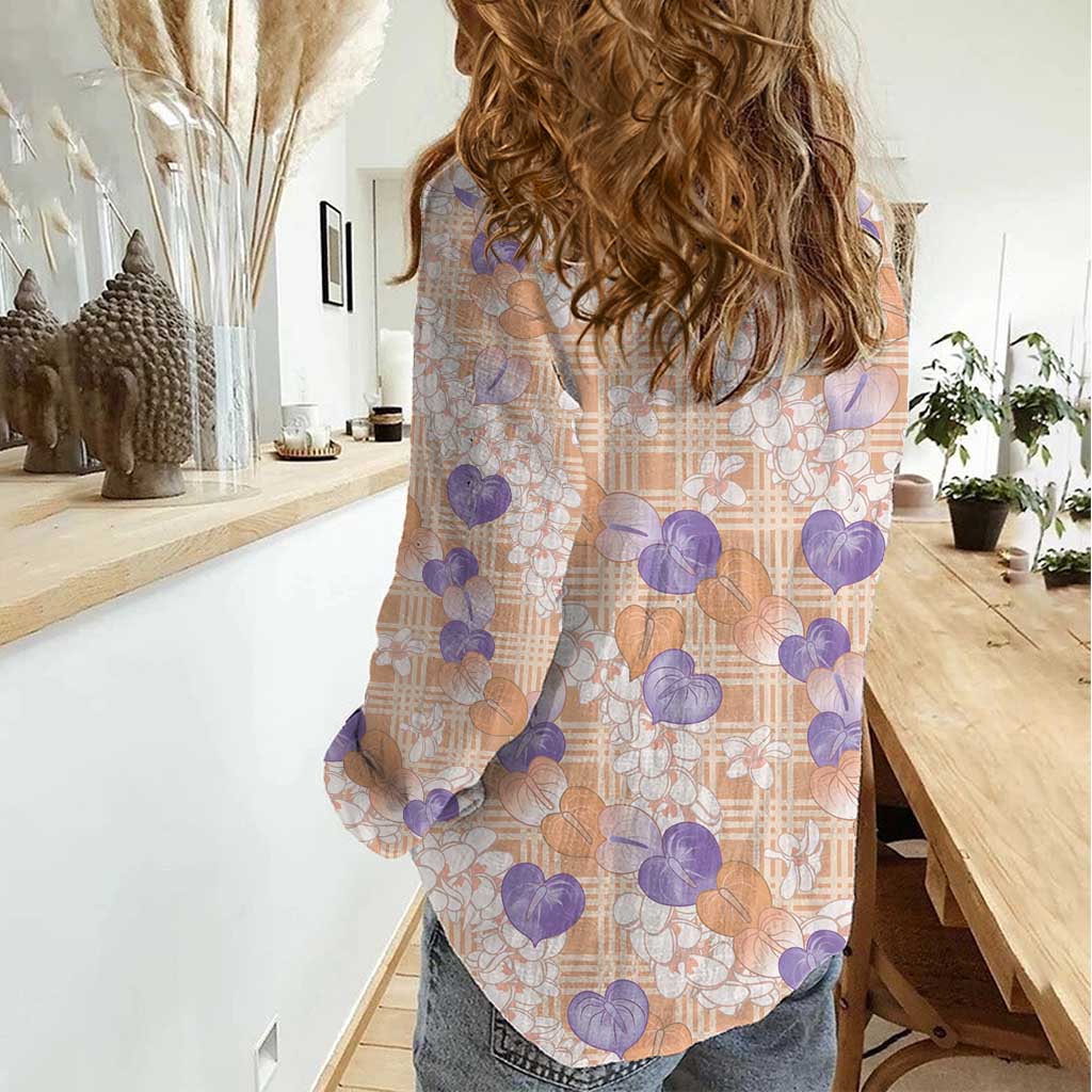 Anthurium Plumeria Lei Pastel Women Casual Shirt Orange Hawaiian Splendid Palaka