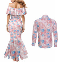 Anthurium Plumeria Lei Pastel Couples Matching Mermaid Dress and Long Sleeve Button Shirt Pink Hawaiian Splendid Palaka