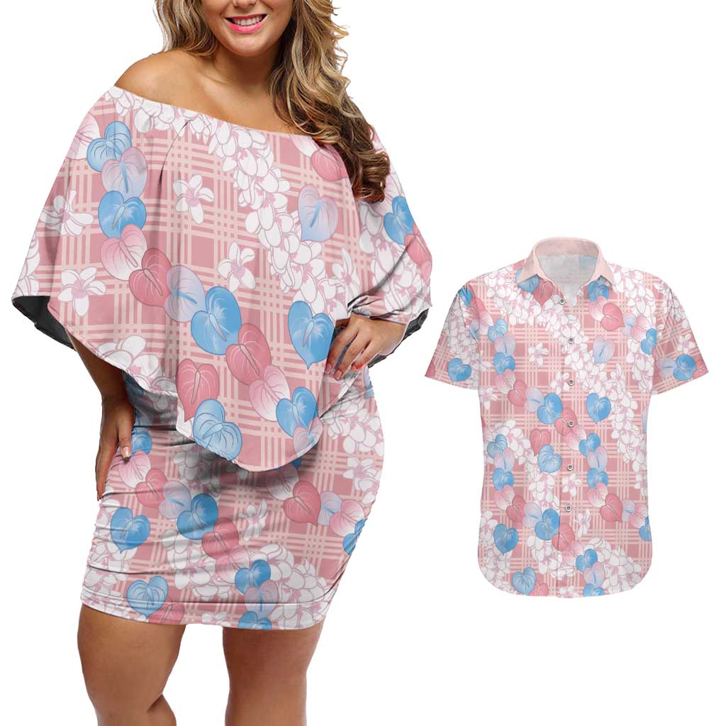 Anthurium Plumeria Lei Pastel Couples Matching Off Shoulder Short Dress and Hawaiian Shirt Pink Hawaiian Splendid Palaka