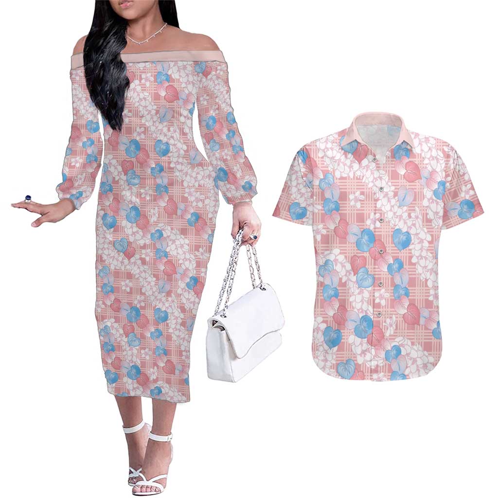 Anthurium Plumeria Lei Pastel Couples Matching Off The Shoulder Long Sleeve Dress and Hawaiian Shirt Pink Hawaiian Splendid Palaka LT01 Pink - Polynesian Pride