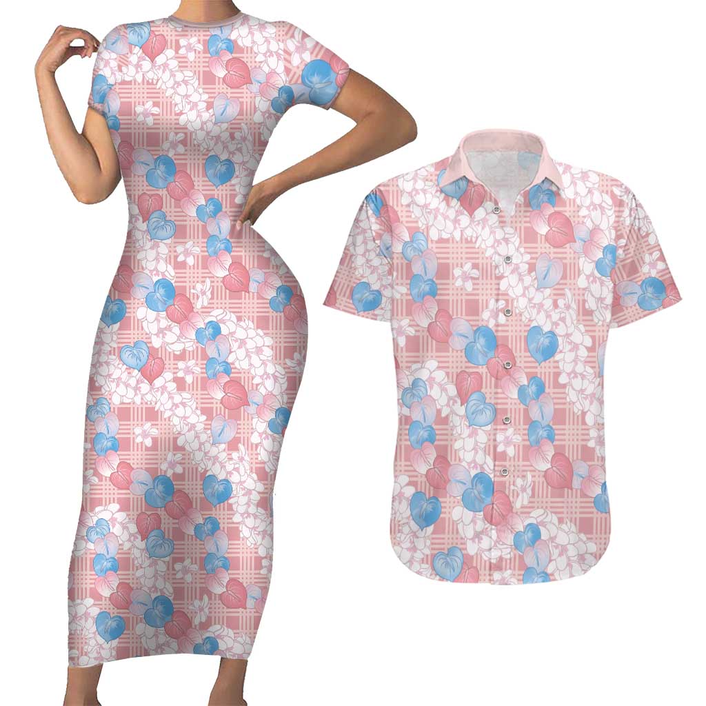 Anthurium Plumeria Lei Pastel Couples Matching Short Sleeve Bodycon Dress and Hawaiian Shirt Pink Hawaiian Splendid Palaka LT01 Pink - Polynesian Pride