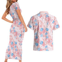 Anthurium Plumeria Lei Pastel Couples Matching Short Sleeve Bodycon Dress and Hawaiian Shirt Pink Hawaiian Splendid Palaka LT01 - Polynesian Pride