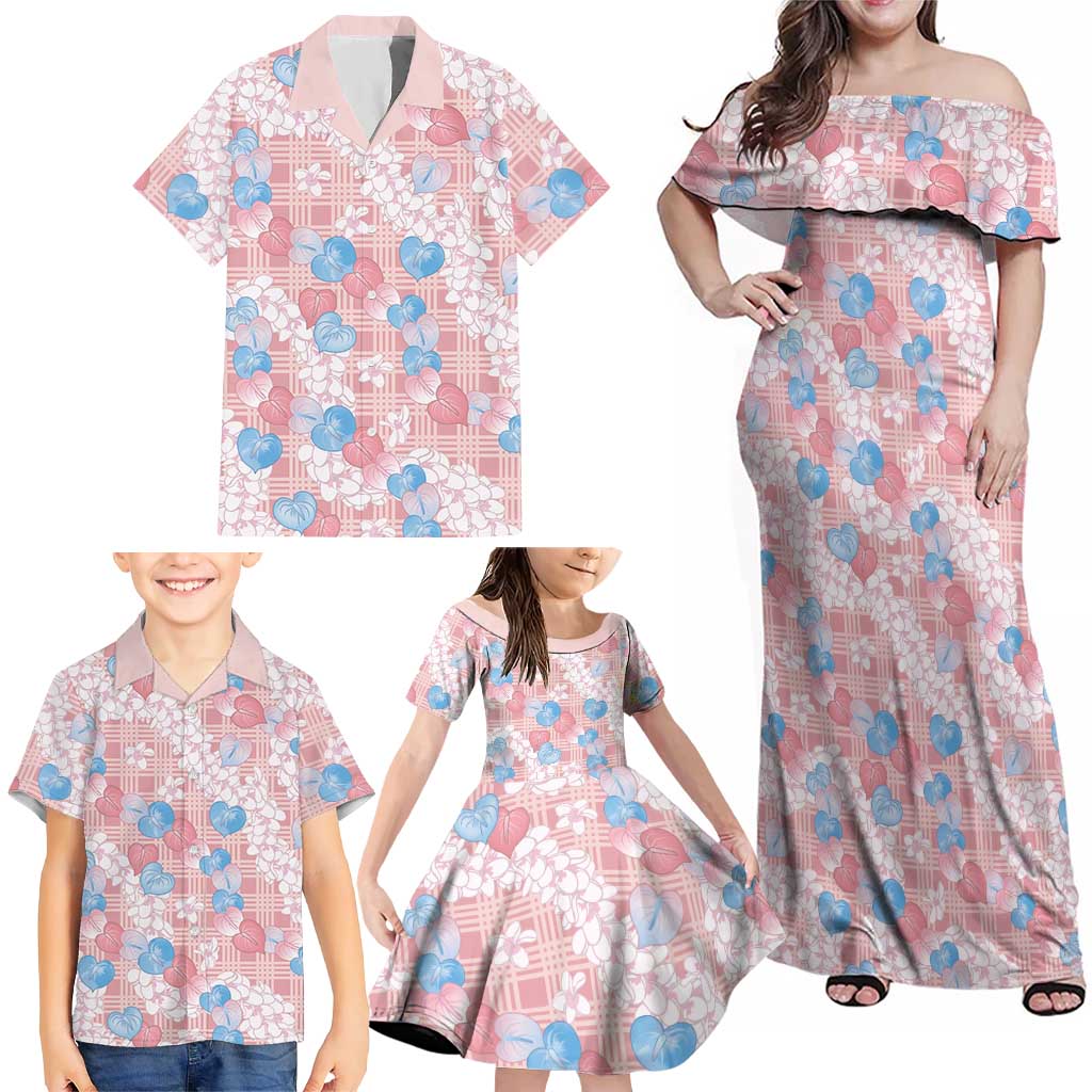 Anthurium Plumeria Lei Pastel Family Matching Off Shoulder Maxi Dress and Hawaiian Shirt Pink Hawaiian Splendid Palaka
