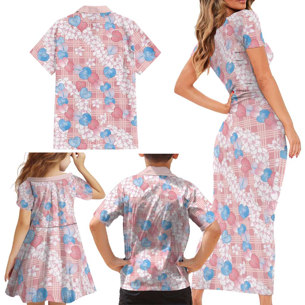 Anthurium Plumeria Lei Pastel Family Matching Short Sleeve Bodycon Dress and Hawaiian Shirt Pink Hawaiian Splendid Palaka LT01 - Polynesian Pride