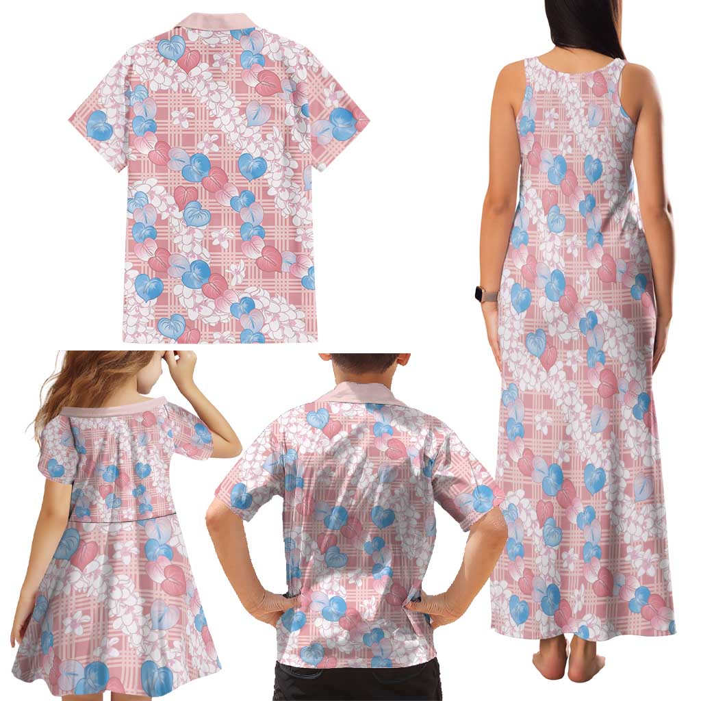 Anthurium Plumeria Lei Pastel Family Matching Tank Maxi Dress and Hawaiian Shirt Pink Hawaiian Splendid Palaka LT01 - Polynesian Pride