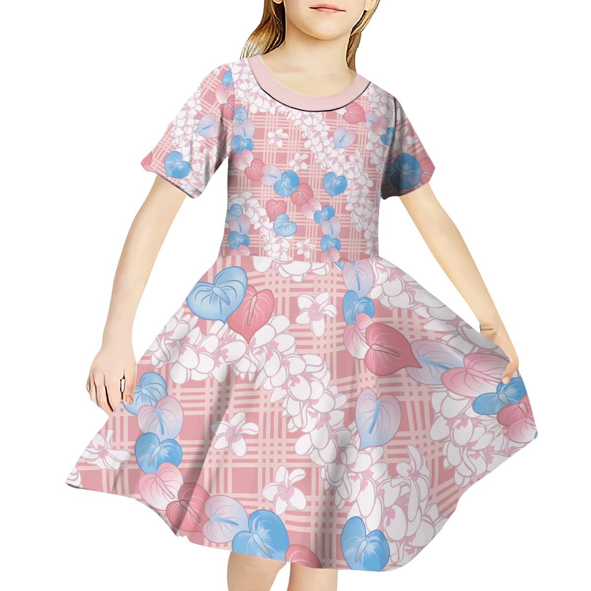 Anthurium Plumeria Lei Pastel Kid Short Sleeve Dress Pink Hawaiian Splendid Palaka