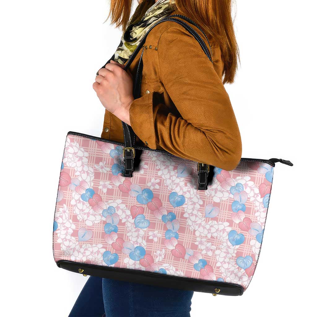 Anthurium Plumeria Lei Pastel Leather Tote Bag Pink Hawaiian Splendid Palaka