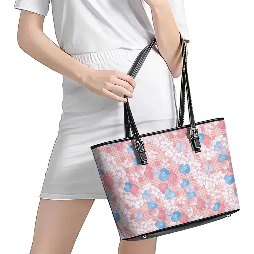 Anthurium Plumeria Lei Pastel Leather Tote Bag Pink Hawaiian Splendid Palaka