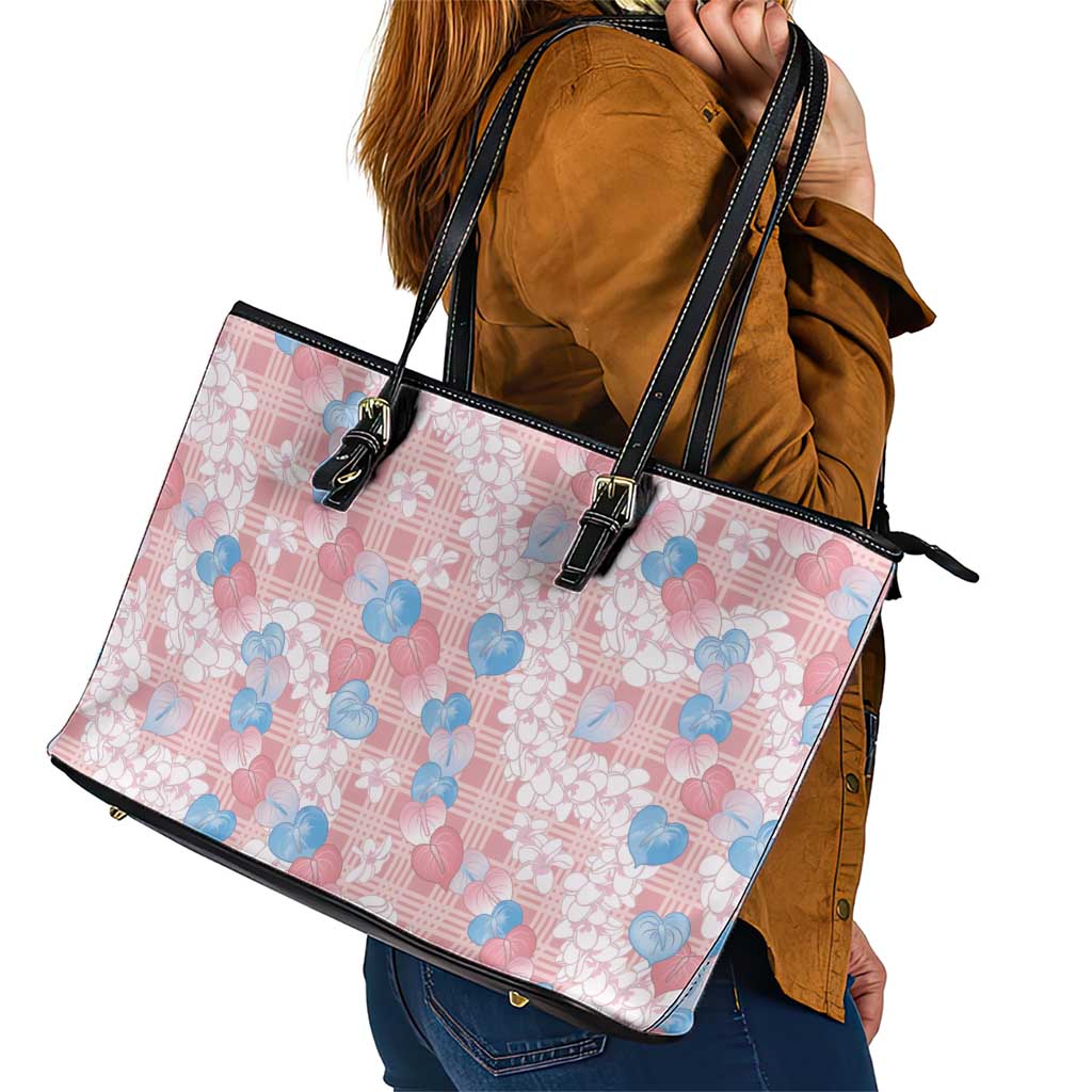 Anthurium Plumeria Lei Pastel Leather Tote Bag Pink Hawaiian Splendid Palaka