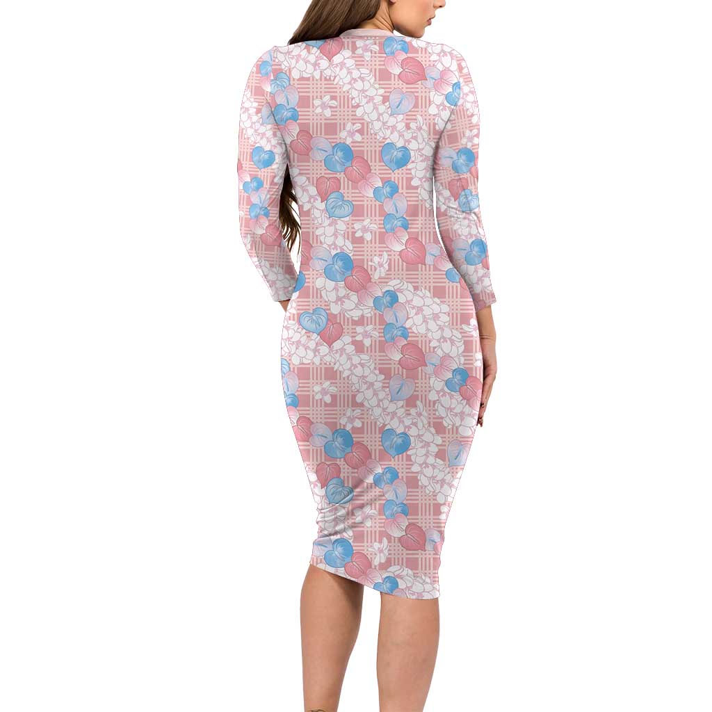 Anthurium Plumeria Lei Pastel Long Sleeve Bodycon Dress Pink Hawaiian Splendid Palaka