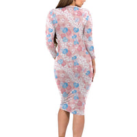 Anthurium Plumeria Lei Pastel Long Sleeve Bodycon Dress Pink Hawaiian Splendid Palaka