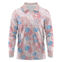 Anthurium Plumeria Lei Pastel Long Sleeve Polo Shirt Pink Hawaiian Splendid Palaka