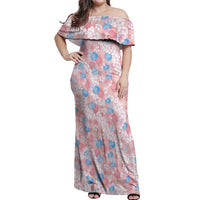 Anthurium Plumeria Lei Pastel Off Shoulder Maxi Dress Pink Hawaiian Splendid Palaka