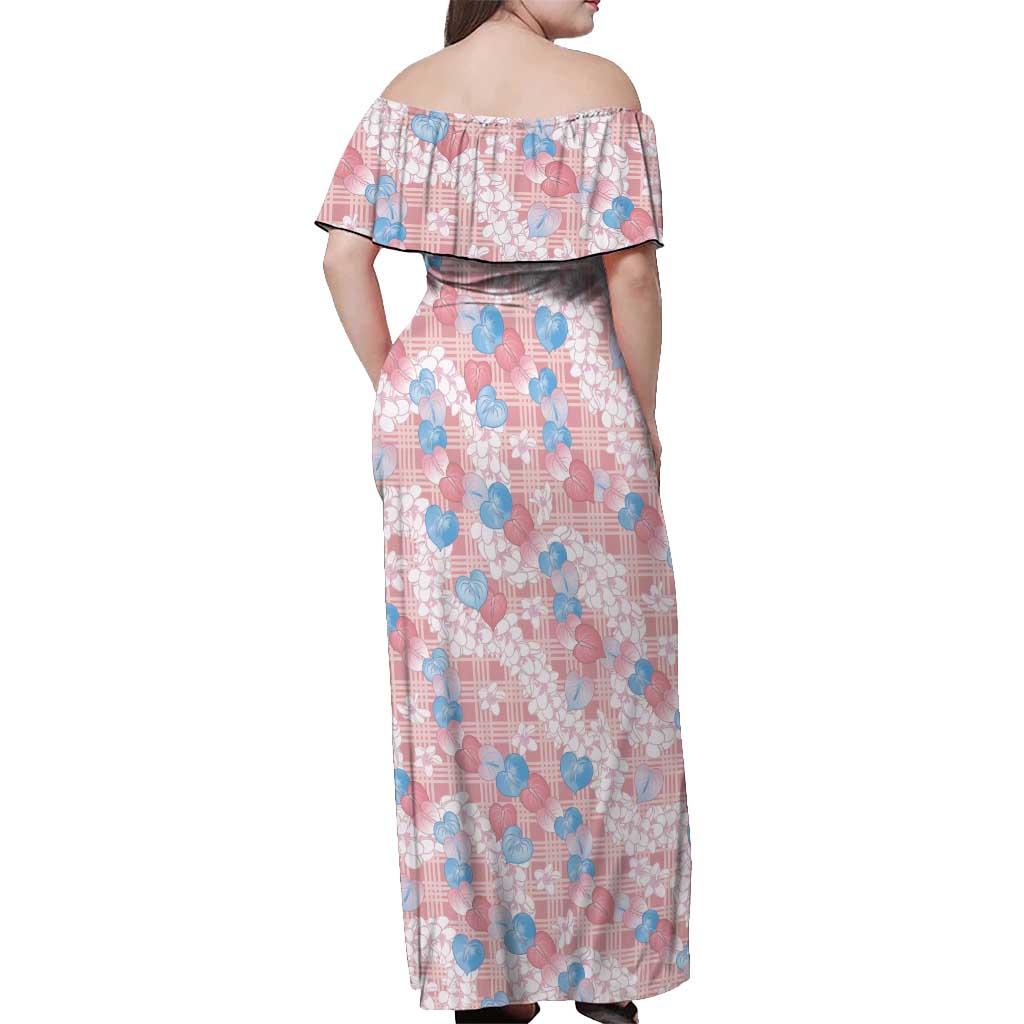 Anthurium Plumeria Lei Pastel Off Shoulder Maxi Dress Pink Hawaiian Splendid Palaka