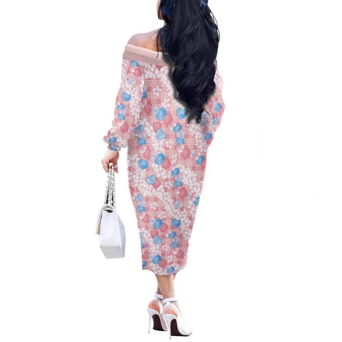 Anthurium Plumeria Lei Pastel Off The Shoulder Long Sleeve Dress Pink Hawaiian Splendid Palaka