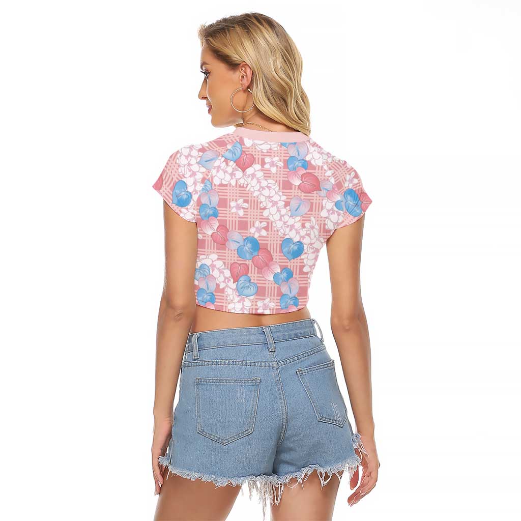 Anthurium Plumeria Lei Pastel Raglan Cropped T Shirt Pink Hawaiian Splendid Palaka