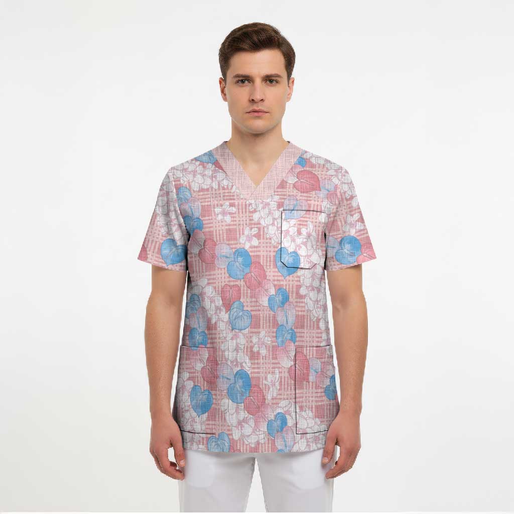 Anthurium Plumeria Lei Pastel Scrub Top Pink Hawaiian Splendid Palaka