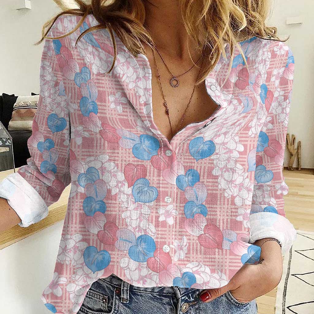Anthurium Plumeria Lei Pastel Women Casual Shirt Pink Hawaiian Splendid Palaka