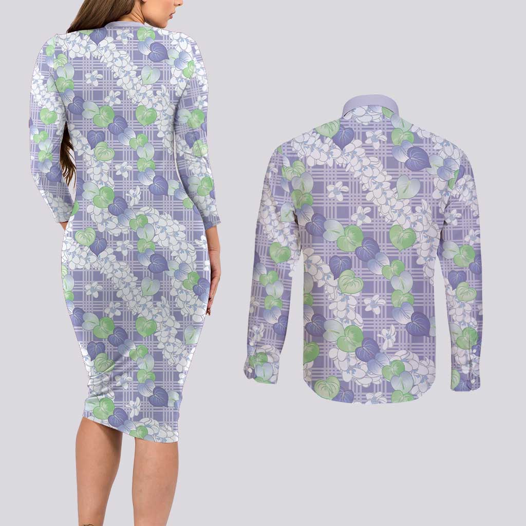 Anthurium Plumeria Lei Pastel Couples Matching Long Sleeve Bodycon Dress and Long Sleeve Button Shirt Purple Hawaiian Splendid Palaka LT01 - Polynesian Pride
