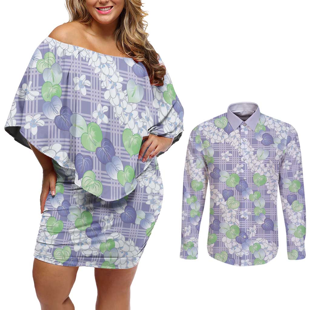 Anthurium Plumeria Lei Pastel Couples Matching Off Shoulder Short Dress and Long Sleeve Button Shirt Purple Hawaiian Splendid Palaka