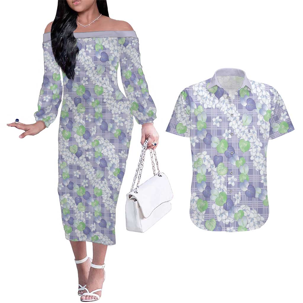 Anthurium Plumeria Lei Pastel Couples Matching Off The Shoulder Long Sleeve Dress and Hawaiian Shirt Purple Hawaiian Splendid Palaka LT01 Purple - Polynesian Pride