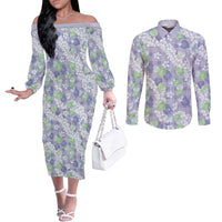 Anthurium Plumeria Lei Pastel Couples Matching Off The Shoulder Long Sleeve Dress and Long Sleeve Button Shirt Purple Hawaiian Splendid Palaka LT01 Purple - Polynesian Pride