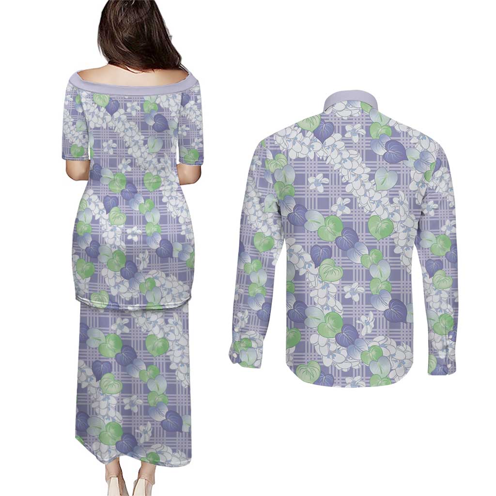 Anthurium Plumeria Lei Pastel Couples Matching Puletasi and Long Sleeve Button Shirt Purple Hawaiian Splendid Palaka