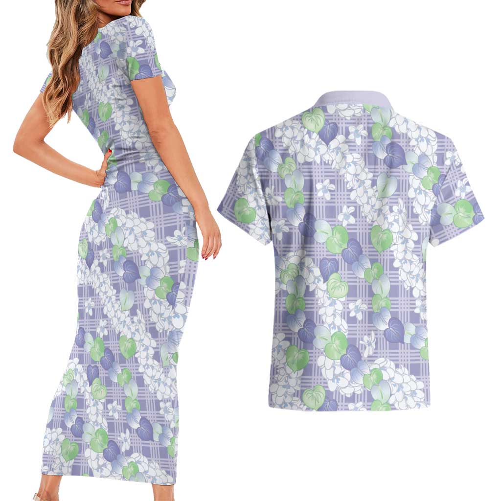 Anthurium Plumeria Lei Pastel Couples Matching Short Sleeve Bodycon Dress and Hawaiian Shirt Purple Hawaiian Splendid Palaka LT01 - Polynesian Pride