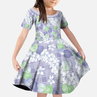 Anthurium Plumeria Lei Pastel Family Matching Off The Shoulder Long Sleeve Dress and Hawaiian Shirt Purple Hawaiian Splendid Palaka LT01 Daughter's Dress Purple - Polynesian Pride