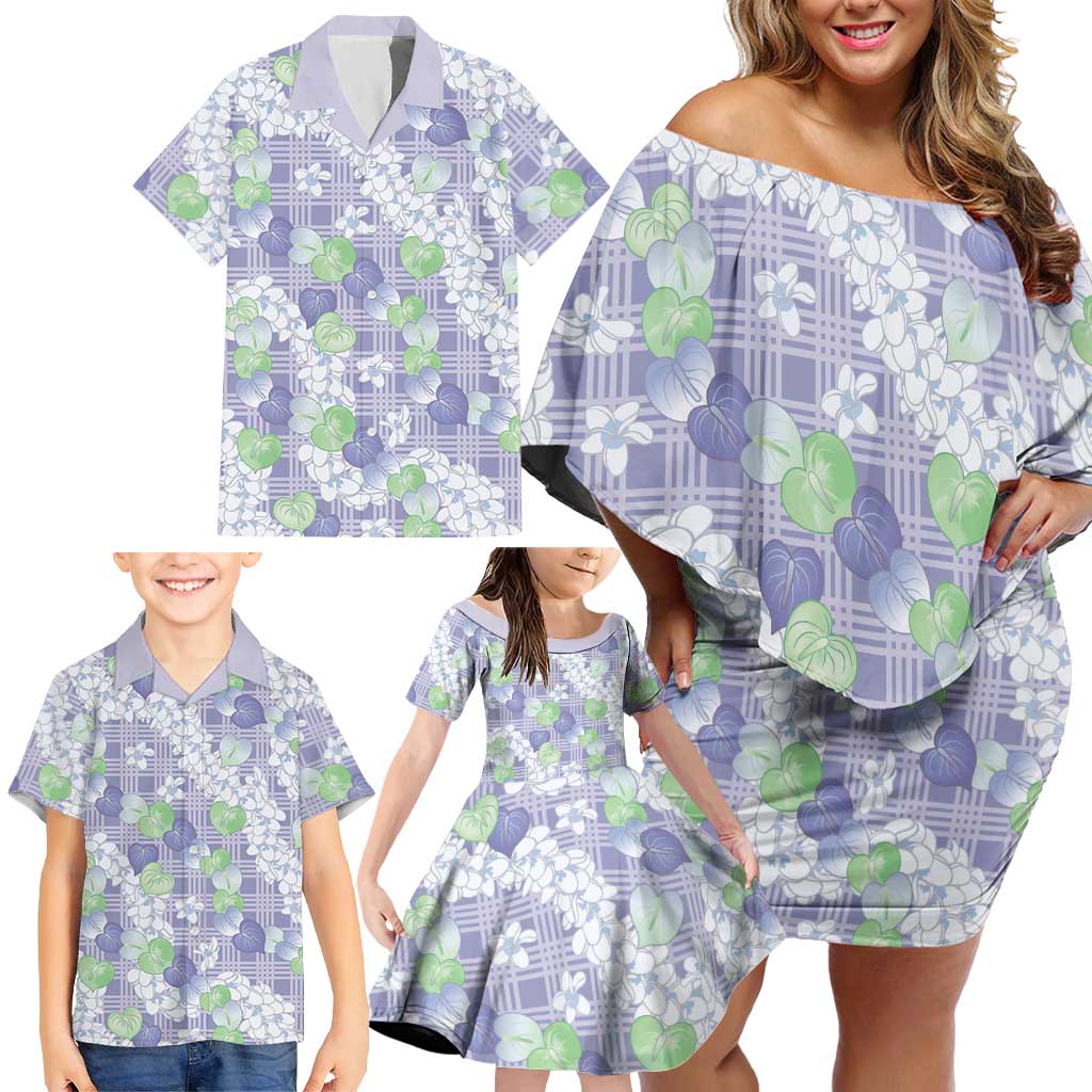 Anthurium Plumeria Lei Pastel Family Matching Off Shoulder Short Dress and Hawaiian Shirt Purple Hawaiian Splendid Palaka LT01 - Polynesian Pride