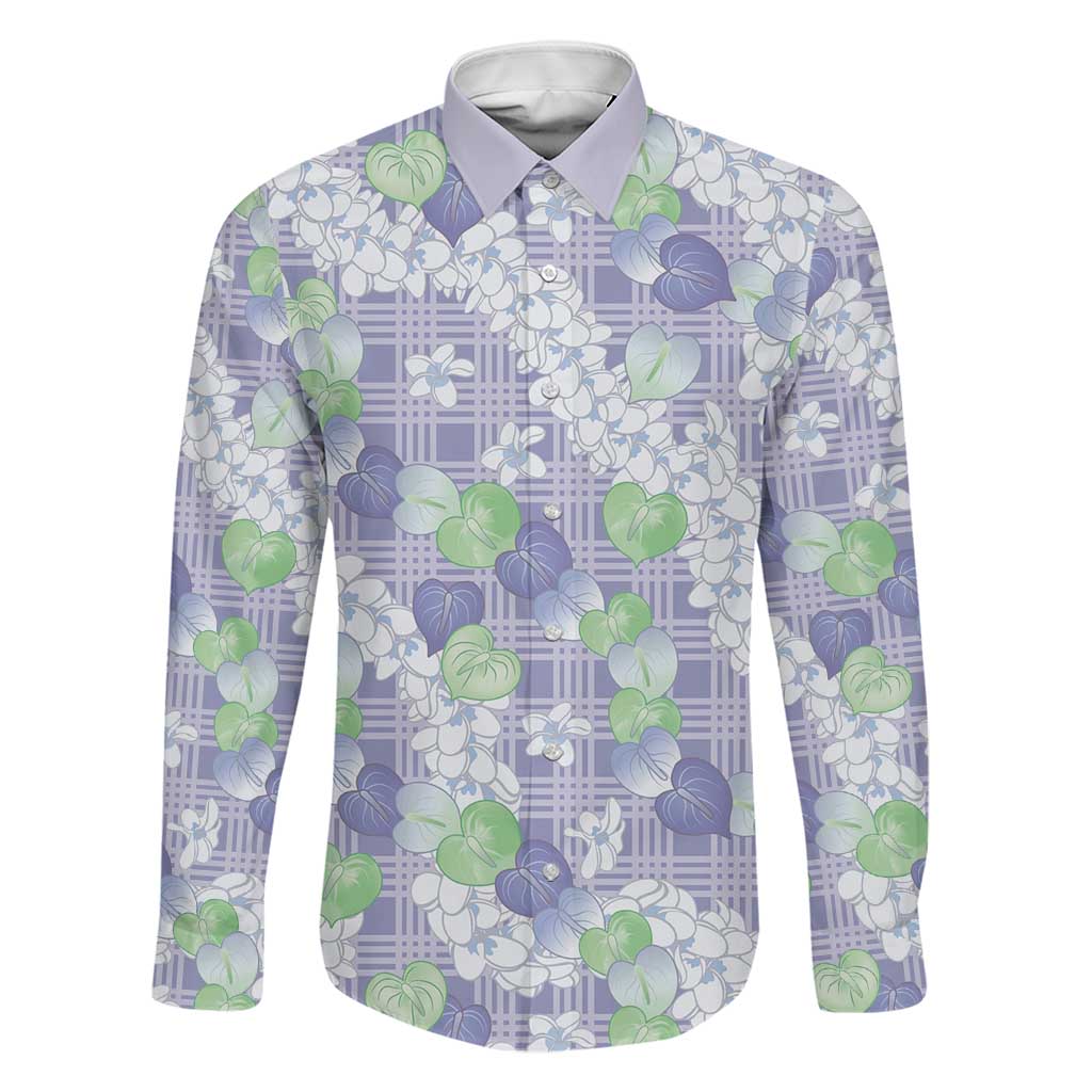 Anthurium Plumeria Lei Pastel Family Matching Off Shoulder Short Dress and Hawaiian Shirt Purple Hawaiian Splendid Palaka LT01 Dad's Shirt - Long Sleeve Purple - Polynesian Pride