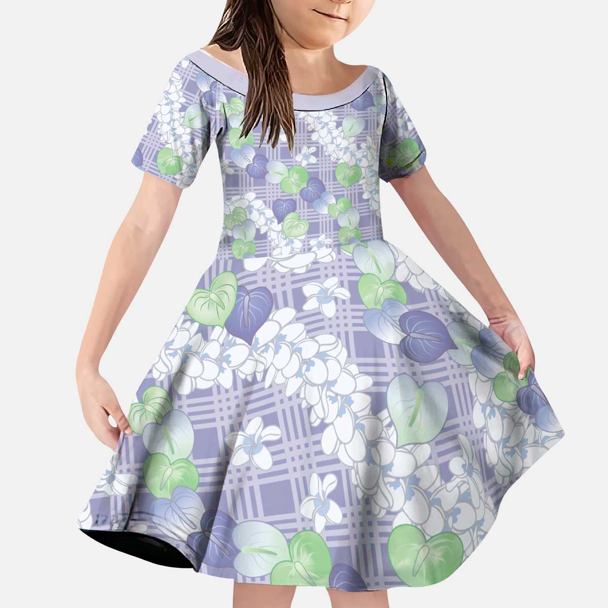 Anthurium Plumeria Lei Pastel Kid Short Sleeve Dress Purple Hawaiian Splendid Palaka