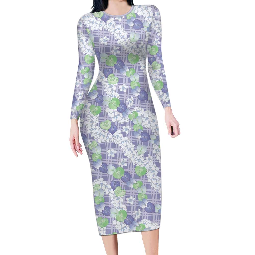 Anthurium Plumeria Lei Pastel Long Sleeve Bodycon Dress Purple Hawaiian Splendid Palaka