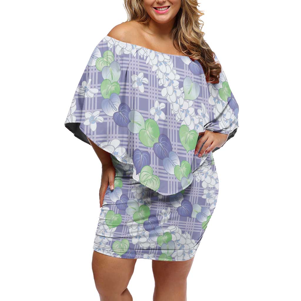 Anthurium Plumeria Lei Pastel Off Shoulder Short Dress Purple Hawaiian Splendid Palaka