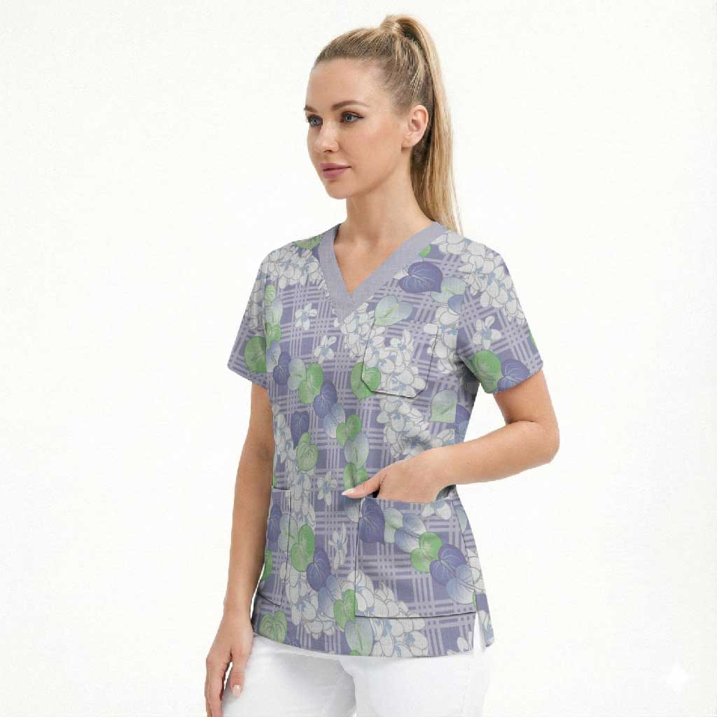 Anthurium Plumeria Lei Pastel Scrub Top Purple Hawaiian Splendid Palaka