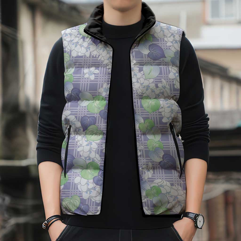 Anthurium Plumeria Lei Pastel Sleeveless Puffer Jacket Purple Hawaiian Splendid Palaka