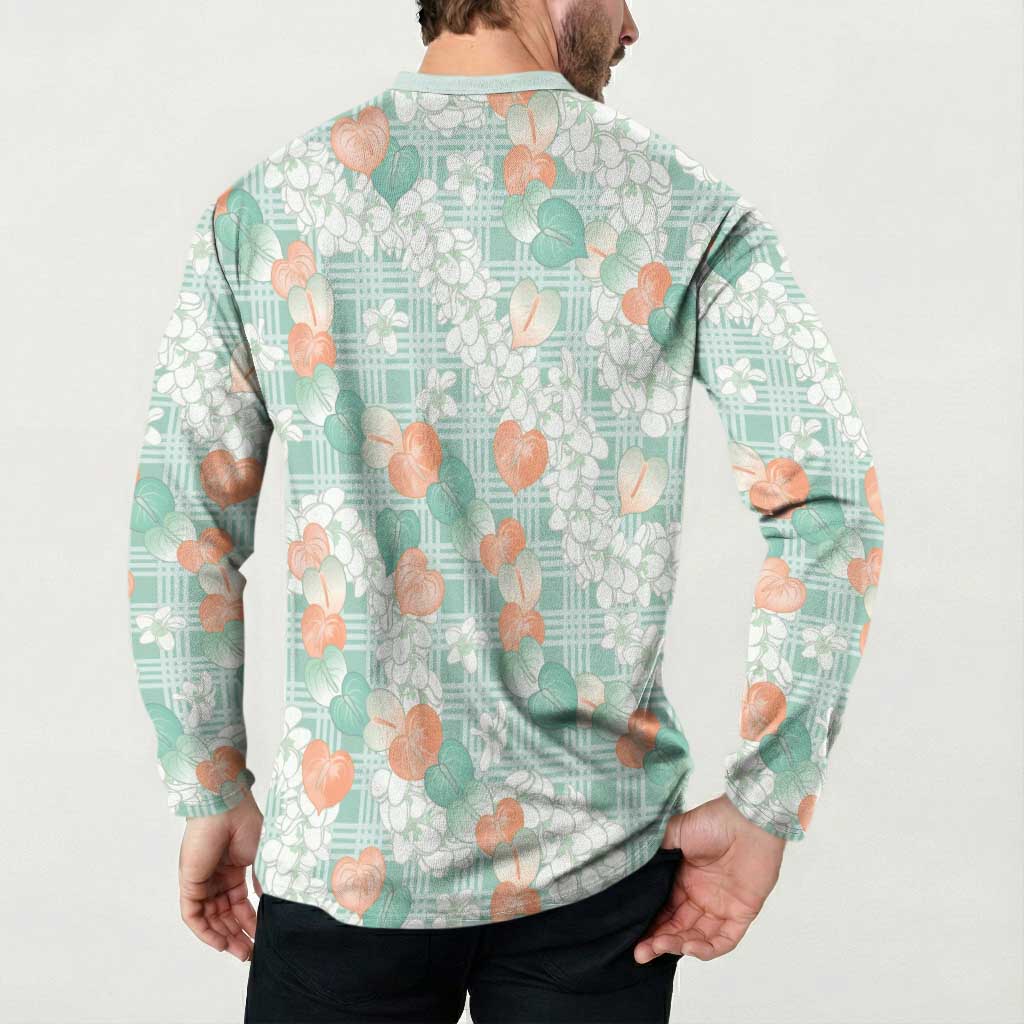 Anthurium Plumeria Lei Pastel Button Sweatshirt Teal Hawaiian Splendid Palaka