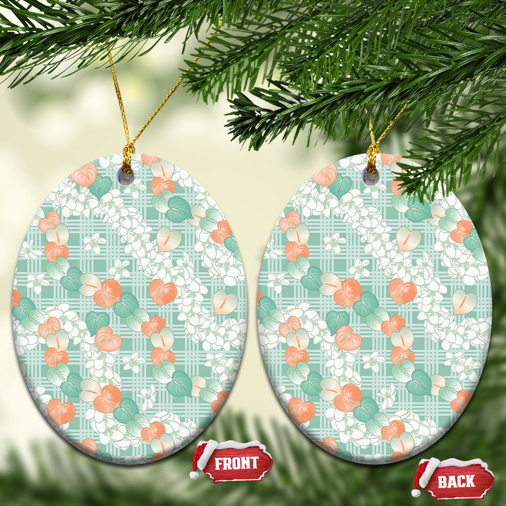 Anthurium Plumeria Lei Pastel Ceramic Ornament Teal Hawaiian Splendid Palaka LT01 Oval Teal - Polynesian Pride